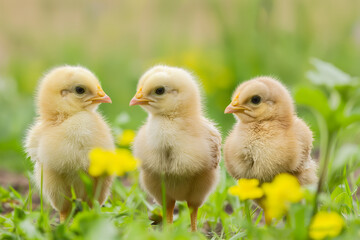 Fototapeta premium Three yellow chicks stand in a grassy field, surrounded by blooming yellow flowers.