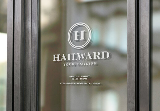 Window Logo Mockup Template Style Effect Wall Badge Sign Signboard Metal Text Brand Logotype Identity