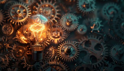 Creative concept of innovation with a glowing light bulb amidst interlocking gears, symbolizing the fusion of ideas and technology.