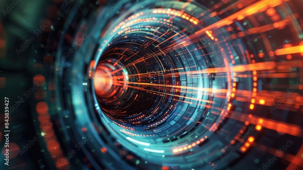 Poster futuristic digital tunnel with vibrant data flow and glowing lights, representing technology, speed,