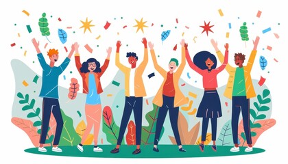 Obraz premium Group of happy diverse people celebrating with hands raised and confetti in outdoor setting, expressing joy and unity.