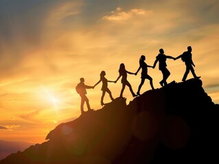 Fototapeta premium Group of people hiking on mountain peak at sunset, holding hands, teamwork, adventure, outdoor activity, and friendship concept.