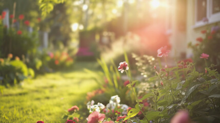 Fototapeta premium garden sunset light Flowers bloom and the backyard is lush in golden light.