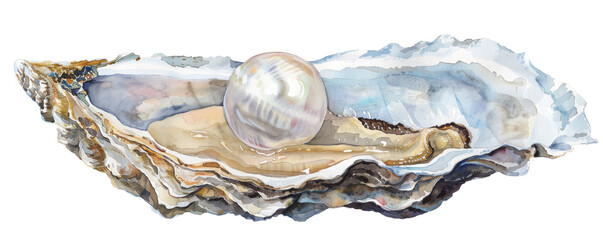 A large, iridescent pearl nestled in an oyster shell.