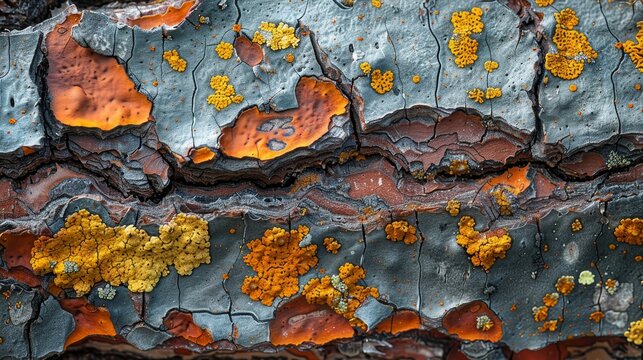 Lichen on tree bark in the style of Nikon D850, macro photography, 32k UHD, National Geographic photo, high detailed, focus stacking