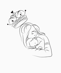 Handdrawn line art style mom and baby illustration art.