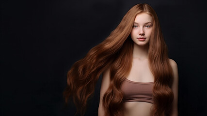 Naklejka premium Studio portrait of a young female model with long auburn hair and wearing a sports bra. Copy space.