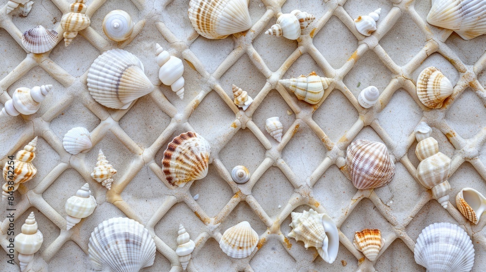 Poster an intricate lattice forms the backdrop for a scattering of seashells in a seamless pattern