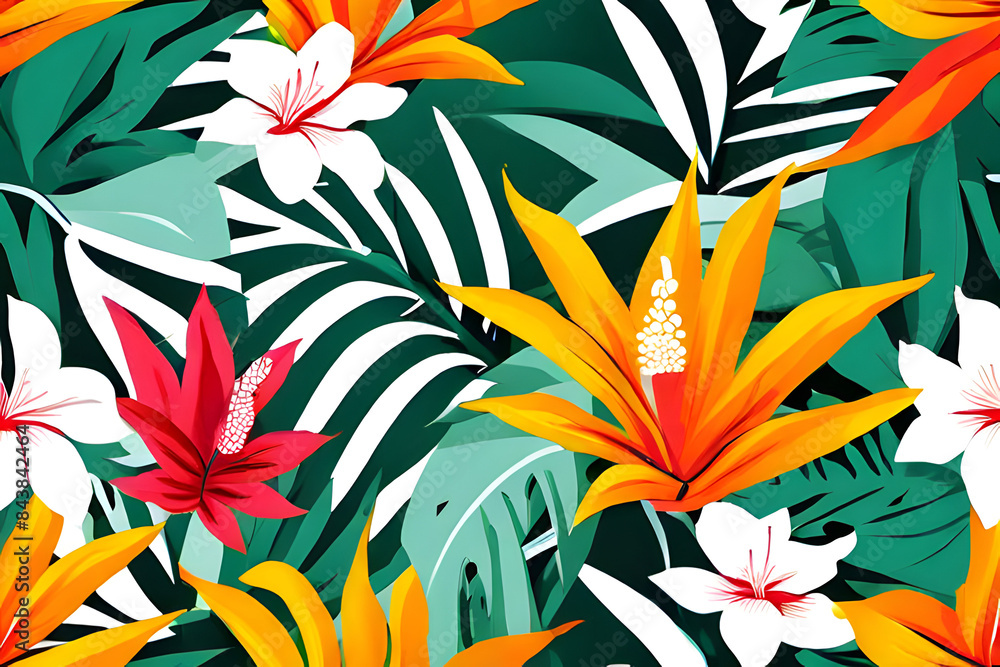 Canvas Prints A seamless pattern featuring colorful tropical flowers and leaves on a black background. The design includes frangipani and hibiscus flowers in various shades of pink, yellow, and orange.