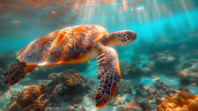 A sea turtle swimming gracefully underwater in the clear, turquoise waters, with sunlight filtering through the surface above in the Galapagos Islands