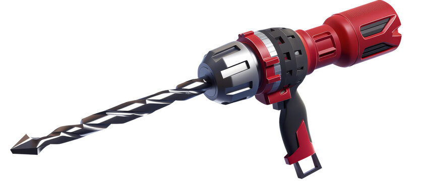 A red and black electric drill with a drill bit attached.
