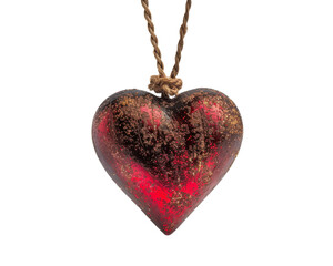 A red glass heart pendant with gold flecks, hanging from a brown rope.
