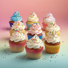 Cupcakes with pink and blue frosting, topped with sprinkles, set against a light teal pastel background. Confetti in the background adds a vibrant, celebratory vibe, perfect for parties and festive.