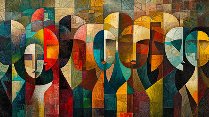 Spectators - Faces Painting, Minimalist Artwork, Crowd Art, Bold Colors, Cubism Painting