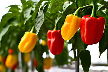 A cluster of red and yellow bell peppers hang from a green plant in a greenhouse setting. Some of the peppers are fully ripe, while others are still green.
