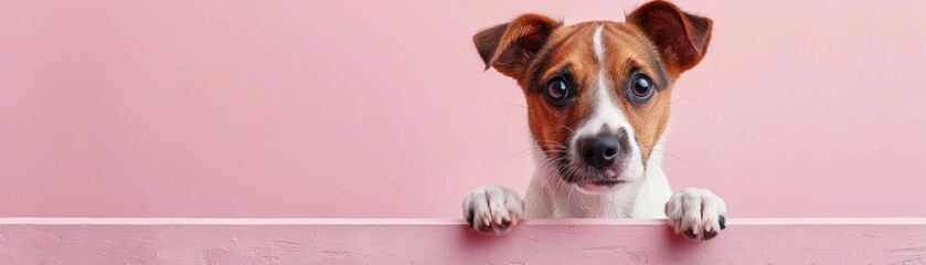 Cute dog peeking over a pink surface, isolated on a pastel background. Adorable pet portrait with a curious expression.