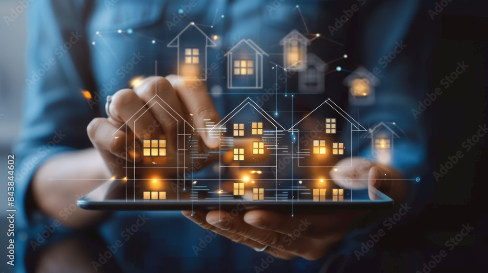 Aufkleber hands interacting with a tablet displaying virtual houses and digital connections, symbolizing moder