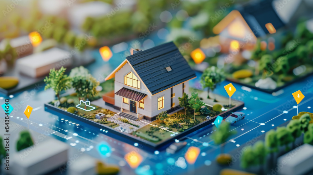 Poster a detailed model of a smart home in a connected neighborhood, showcasing advanced technology and int