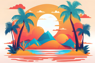 Fototapeta premium Rolling waves crash onto the shore beneath a palm tree, while a seagull soars above the water. Perfect for themes of tropical paradise, summer adventures, and colorful landscapes.