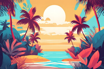 Obraz premium Rolling waves crash onto the shore beneath a palm tree, while a seagull soars above the water. Perfect for themes of tropical paradise, summer adventures, and colorful landscapes.