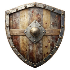 Fototapeta premium Medieval wooden shield with metal accents and rustic texture, isolated on transparent background, png.