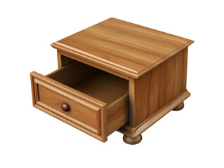 A simple wooden nightstand with a single drawer, partially open, isolated on a black background.