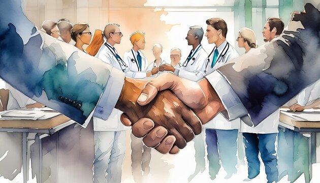 Diverse Healthcare Professionals Shaking Hands in a Modern Medical Setting. Generative AI