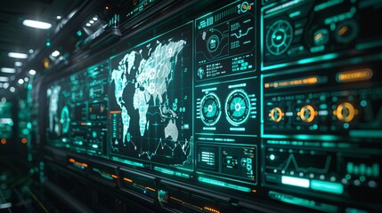 A holographic interface displaying a cybersecurity command center, monitoring threats across a global network