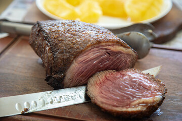 Grassfeed beef known as picanha, roasted and rare, the best meat in the world for barbecue
