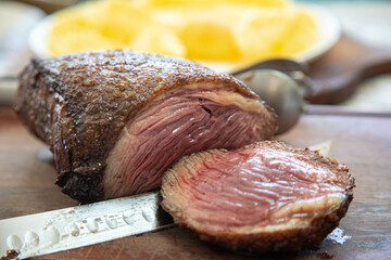 Grassfeed beef known as picanha, roasted and rare, the best meat in the world for barbecue