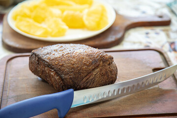 Grassfeed beef known as picanha, roasted and rare, the best meat in the world for barbecue