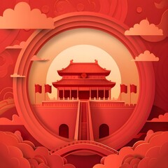 Landscape of traditional ancient buildings with mountains and clouds in the background vector, Chinese celebration Tiananmen Square red frame background lanterns auspicious clouds 
Generative AI
