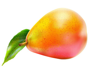 A single, ripe pear with a green leaf, isolated on a black background.  The pear is yellow-orange with a slight blush of pink.