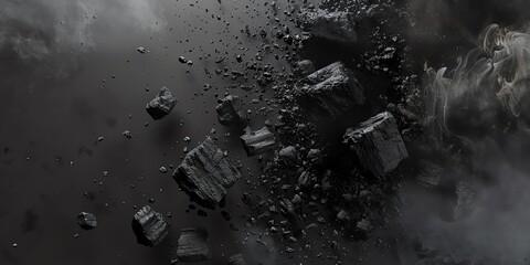Black charcoal pieces and dust on dark background.