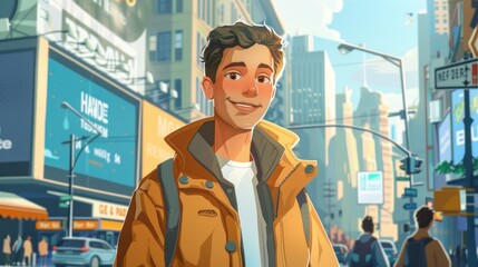 Fototapeta premium A 2D cartoon of a recruitment advertisement on a billboard The advertisement features a smiling human resources specialist promoting job openings at a company The background includes a busy street