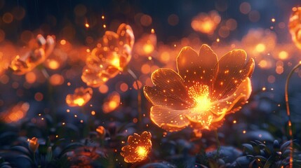 A rare phenomenon where lightning strikes cause flowers to sprout instantly, their petals reflecting the fiery glow, watched over by awestruck animals