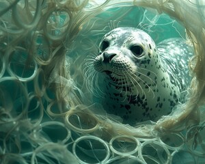 A seal, its playful demeanor gone, as it navigates through a maze of plastic rings and nets, a stark contrast to its natural habitat