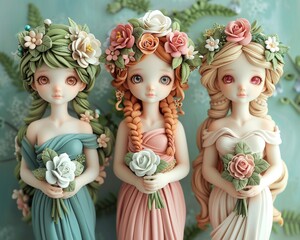 Cute clay versions of the Three Graces Aglaea, Euphrosyne, and Thalia spreading joy and goodwill by organizing charity events for the community