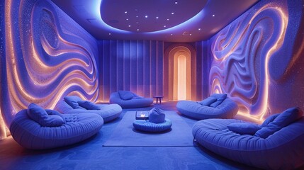 An electromagnetic field lounge that aligns your bodya  s energy with the Eartha  s frequency, surrounded by walls that display slowly morphing abstract art