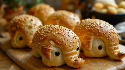 Fototapeta premium Elephant bread loaves, with the trunk formed from the dough before baking, and sesame seeds sprinkled on for the eyes