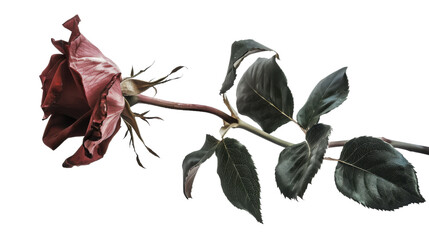 A single, withered rose with green leaves, isolated on a black background.