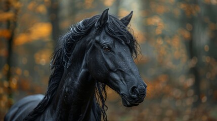 Beautiful black horse posing in the forest during autumn