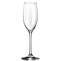 A single, clear champagne flute glass isolated on a white background.