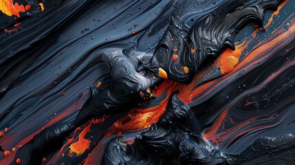 Obraz premium Close-up of molten lava flowing with glowing orange and red hues. 