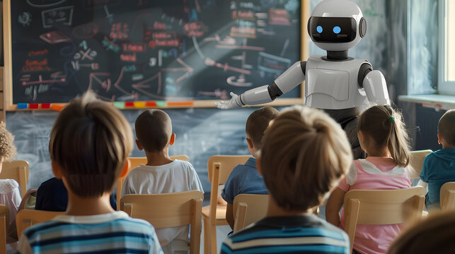 a robot is a teacher at a school for children, abstract illustration, a classroom with children and artificial intelligence&mdash;the concept of future training.

