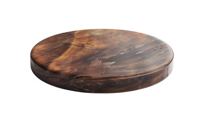 A smooth, round wooden coaster with a rich brown and black marbled pattern.