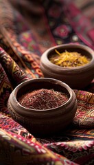Fototapeta premium Clay bowls filled with traditional Moroccan spices like saffron, ras el hanout, and cinnamon rest on a colorful fabric background. Generative AI