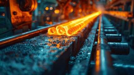 Glowing hot tubes being processed in an industrial setting, showcasing industrial precision and heat