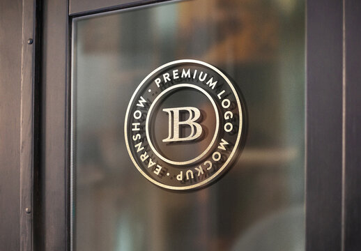 Window Logo Mockup Template Style Effect Wall Badge Sign Signboard Metal Text Brand Logotype Identity