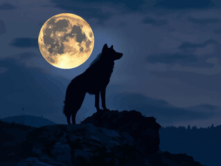 a wolf standing on top of a rock in front of a full moon